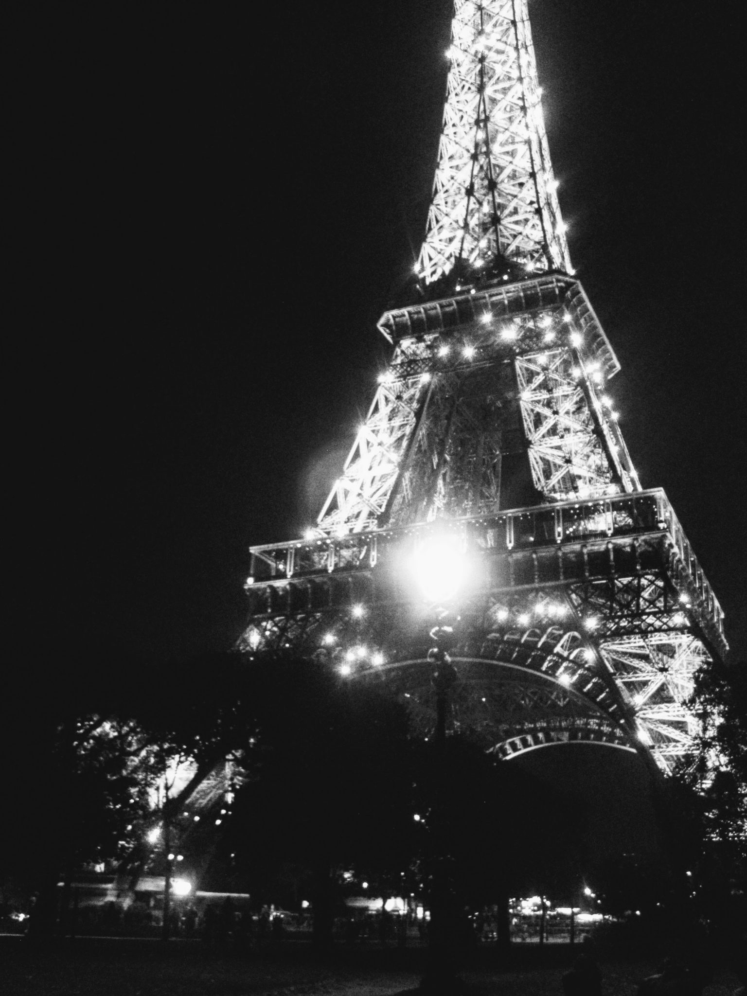 Eiffel Tower twinkling lights at night.
