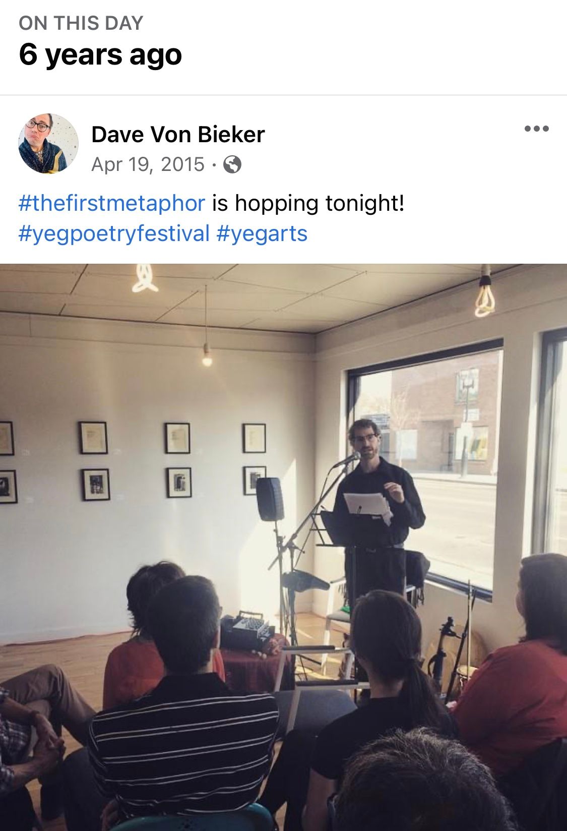 Facebook memories post from a busy poetry reading